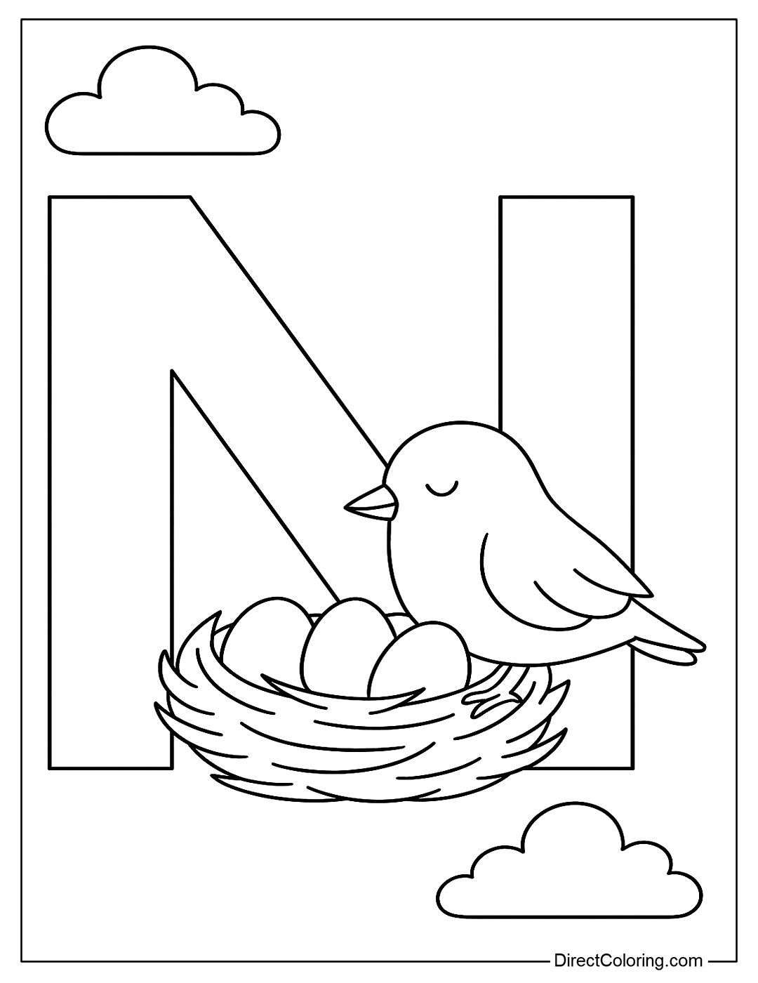 A coloring page of the letter N with a bird's nest containing eggs and a mother bird incubating them.